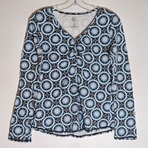 Mind Body Soul Top Womens Medium Blue Geometric Snap Long Sleeve T Shirt Casual
